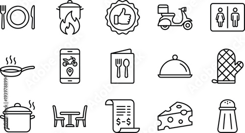 Restaurant cooking food service line icons collection for menu delivery kitchen utensils chef tools dining equipment vector illustration set