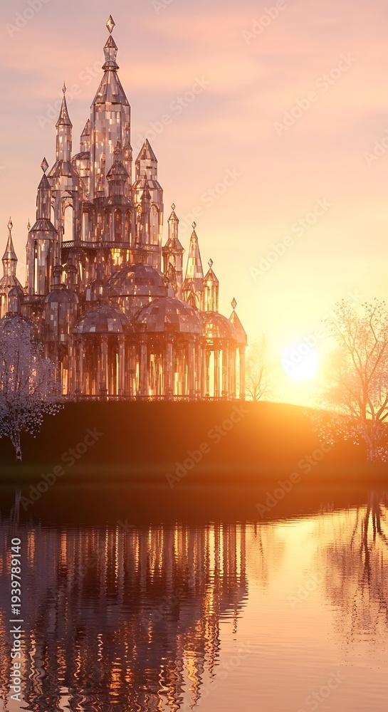 Obraz premium Gothic cathedral by serene lake at sunset.