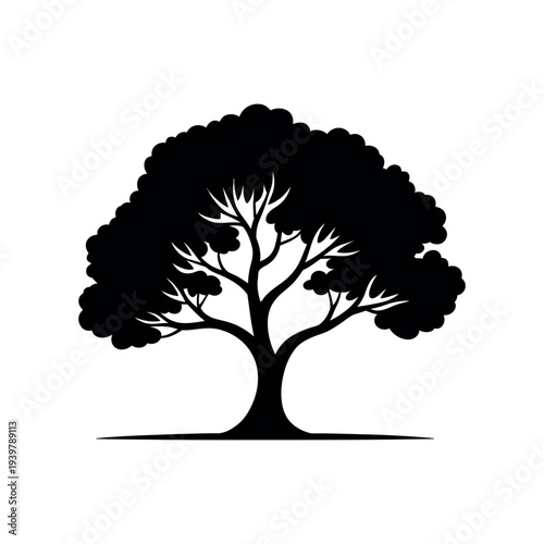 Black silhouette of a tree with a thick trunk and sprawling branches