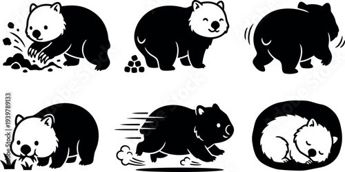 Flat design six black and white wombat icons showing digging, grazing, running, rear view and sleeping in vector poses
