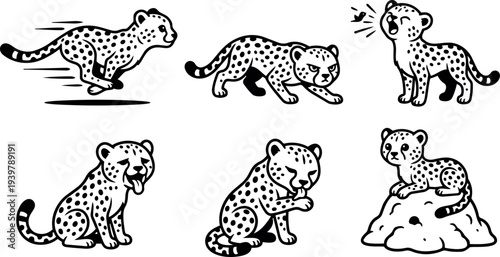 Tattoo flash running cheetah cub stalking growling yawning licking sitting on rock line art black and white vector set