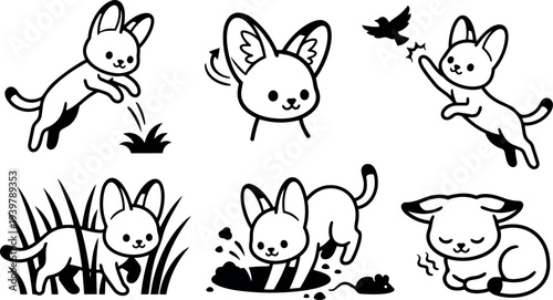 Kawaii line art vector set showing playful kitten icons jumping, pouncing, stalking in grass, digging, sleeping in black and white