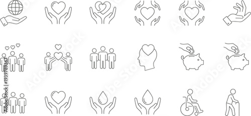 Social care and charity icon set, black and white line icons, community support, inclusivity, vector illustration pack