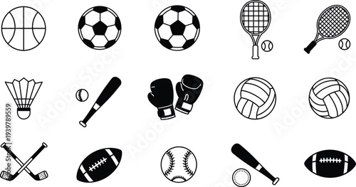 Sports equipment icons set with basketball, soccer, tennis, badminton, baseball, boxing, volleyball, hockey, cricket, football