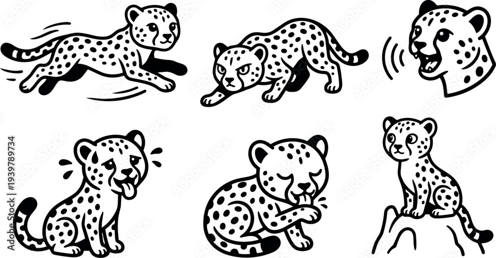 Obraz premium Line art playful cheetah cub sticker set showing running stalking grooming sitting curious head and licking poses in vector illustration