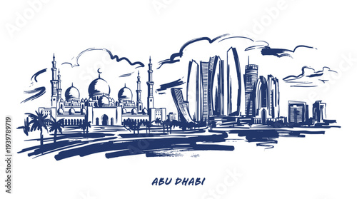 Hand-drawn sketch of Abu Dhabi skyline featuring a grand mosque, modern skyscrapers, and palm trees against a cloudy sky.