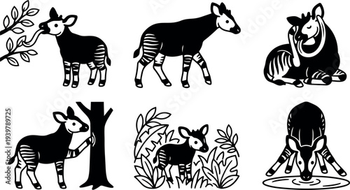 Flat design stylized okapi family icons showing feeding walking resting drinking and juvenile profile poses in high contrast black silhouette isolated