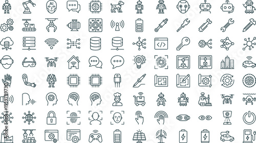 Technology and AI icon grid, robotics interface symbols, data science vector set, cad drawing flat vector illustration, black graphic design