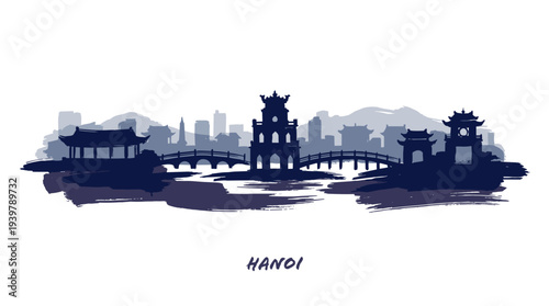 Stylized blue silhouette of Hanoi city skyline with traditional Vietnamese architecture, bridges, and the iconic Turtle Tower on Hoan Kiem Lake.