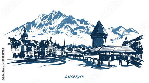 A beautiful hand-drawn sketch illustration of Lucerne, Switzerland, featuring the iconic Chapel Bridge, Water Tower, and majestic mountains in the background.