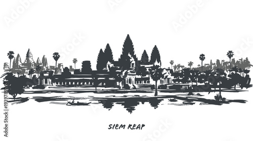 A detailed black and white sketch of the iconic Angkor Wat temple complex in Siem Reap, Cambodia, reflected in its surrounding water.