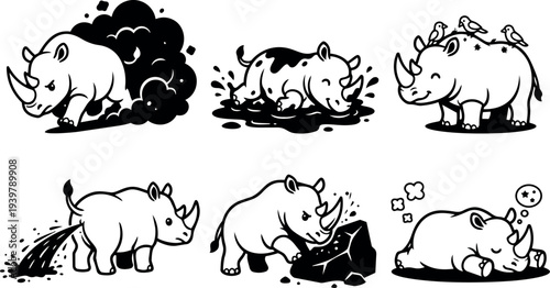 Tattoo flash playful rhino set showing charging in dust, wallowing in mud, birds on back, sleeping and stomping poses vector