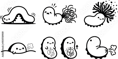 Whimsical kids doodle close up microbial characters showing cute bacteria actions and digestive process in playful black line art vector icons