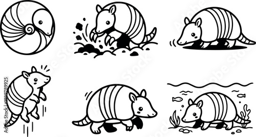Whimsical kids doodle armadillo icon set showing six playful poses including curled roll digging walking jumping sniffing underwater close up