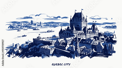 A watercolor sketch of the iconic Fairmont Le Château Frontenac hotel overlooking the St. Lawrence River in Quebec City.