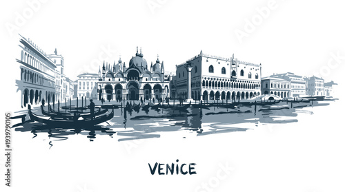 Monochrome illustration of the iconic Venice cityscape with gondolas on the Grand Canal, featuring historic architecture like Doge's Palace and St. Mark's Basilica.