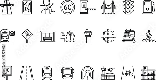 Transportation infrastructure line icons set, urban traffic mobility symbols, smart city transit elements, minimal outline style, cad drawing flat vector illustration
