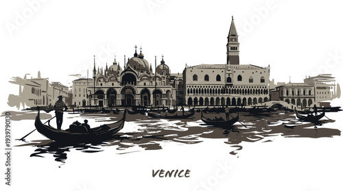 Stylized sepia illustration of Venice with gondolas on a canal and iconic architecture like St. Mark's Basilica and Doge's Palace.