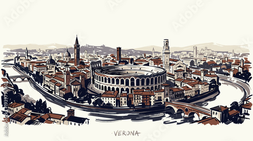 Illustrated panoramic view of Verona, Italy, featuring the ancient Roman Arena, the winding Adige River, and historic city architecture under a clear sky.