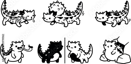 Line art kawaii cat dragon hybrid character sheet showing multiple poses side view close ups playful expressions walking and sitting