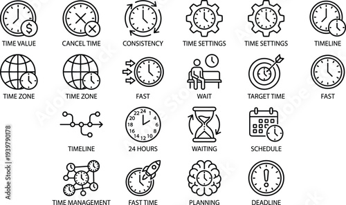 Time management icons collection, deadline symbols, schedule planning graphics, fast time concepts, clock outline set, business efficiency design