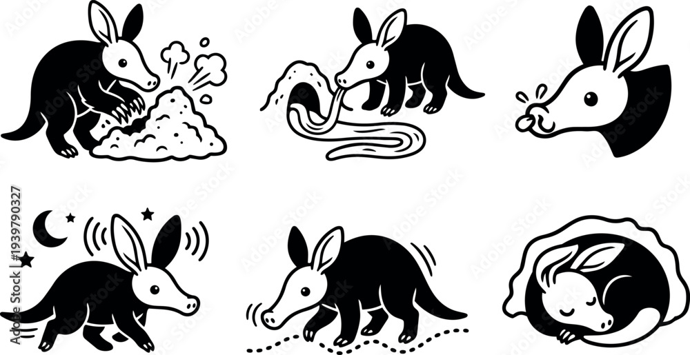 Fototapeta premium Minimalist black and white vector icon set of playful aardvark poses digging sniffing eating walking and sleeping with motion lines