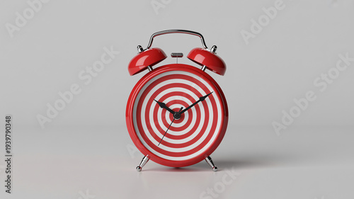 Red alarm clock with target design on white background
