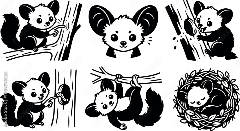 Obraz premium Tattoo flash sheet of playful sugar glider characters climbing branches, peeking, hanging and nesting in bold black and white vector