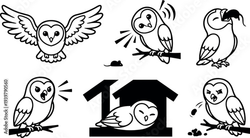 Line art barn owl character set showing flying, perching, feeding mouse, calling and nesting box close up vector icon pack collection