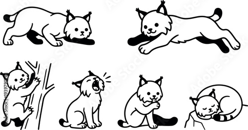 Line art playful cat poses set showing stalking climbing yawning grooming sleeping in minimalist vector icon sheet cute outline