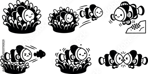 Line art kawaii clownfish interacting with sea anemone in six panel sequence showing popping out, swimming, feeding, returning, and nuzzling playful