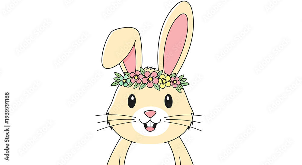 Fototapeta premium Playful Easter rabbit with a floral crown stands centerstage in a pastel illustration, celebrating spring cheer from a minimalist front view.