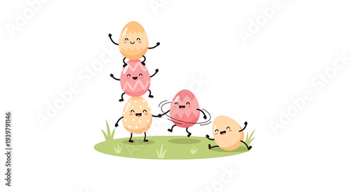 Six Anthro Eggs with Faces Stand in a Cheerful Arrangement Under a Background, Celebrating Spring Joy