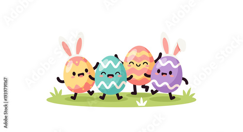 Easter eggs parade on green grass, each egg with bunny ears and expressive faces, a colorful whimsical cartoon tableau capturing playful emotions