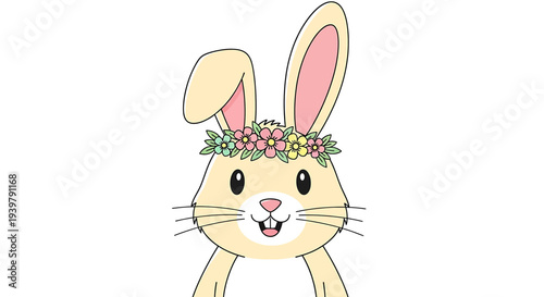 Playful Easter rabbit with a floral crown stands centerstage in a pastel illustration, celebrating spring cheer from a minimalist front view.