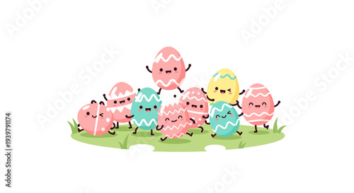 Colorful Easter eggs frolic on a green grass patch amid a bright white backdrop, capturing a playful, cheerful, cartoon celebration from a close‑up perspective.