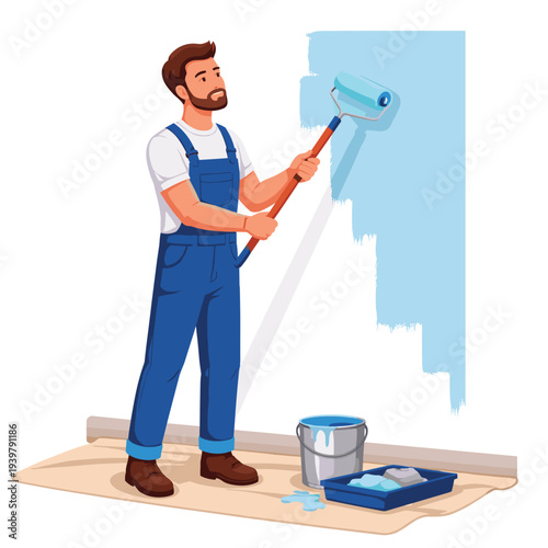 Man painting a wall with a roller brush