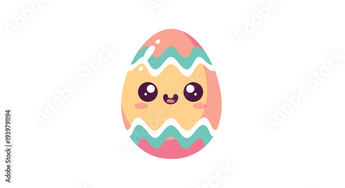 Playful Easter egg illustration centered on plain background, featuring a cheerful cartoon character egg with bright colors and a zigzag pattern.