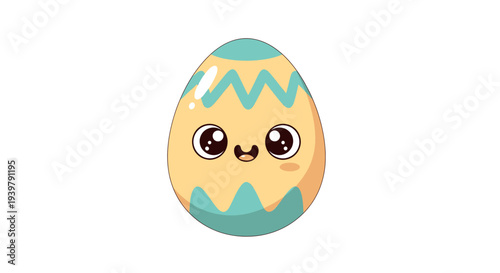 Animated Easter egg with a cheerful face, turquoise zigzag pattern, and wavy lines, centered on a plain background, illustrated from a front view.