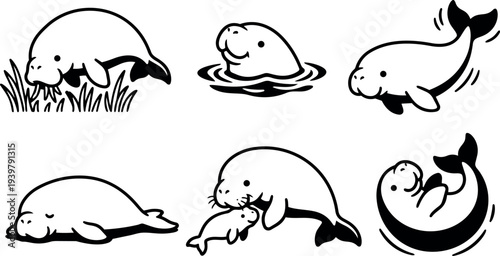 Line art vector manatee family close up showing mother nursing calf playful swimming and resting poses minimalist in black and white