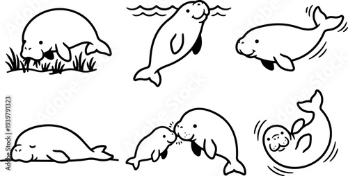 Whimsical kids doodle close up manatee family in six cute poses playing, swimming, grazing, kissing and floating in simple line art