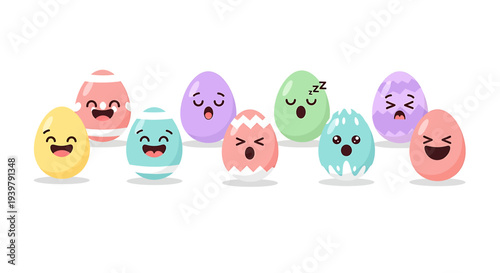 Playful Easter egg parade showcases nine colorful eggs, each with expressive faces, lined on white background highlighting joy, anger, surprise.