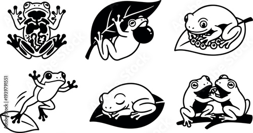 Line art vector icon set six stylized frogs in various poses jumping sleeping kissing holding leaf bug black white playful