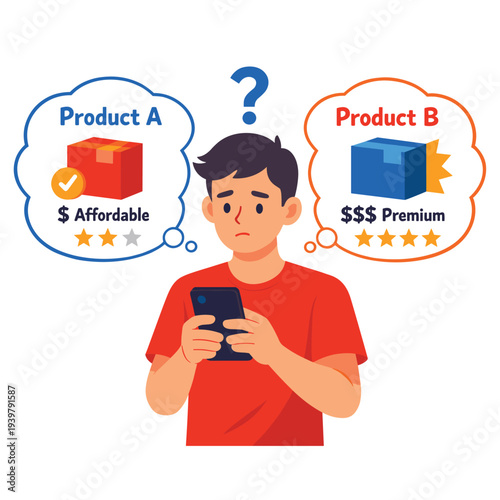 Man comparing affordable and premium products on phone