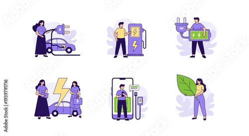 Six illustrations depicting electric vehicle charging and environmental concepts