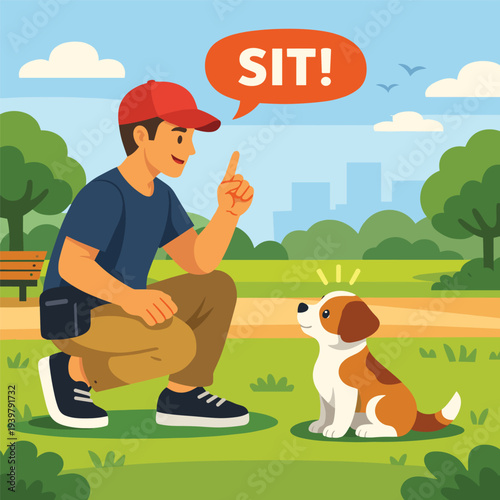 Dog trainer teaching pet to sit in the park