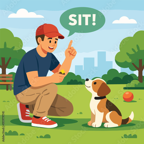 Dog trainer rewarding pet for sitting in the park