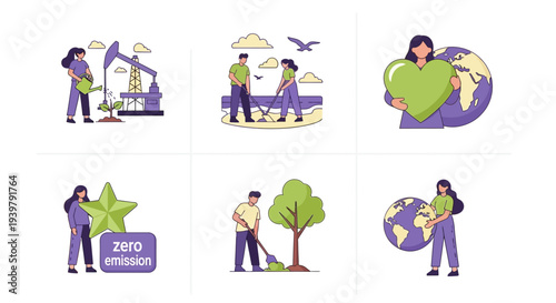 Six illustrations depicting environmental care zero emission and earth protection
