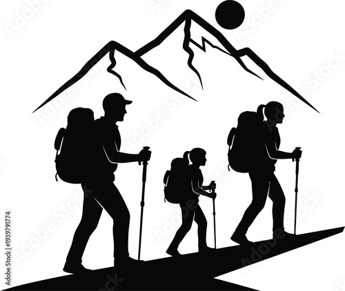 Hikers ascending a mountain with backpacks and trekking poles