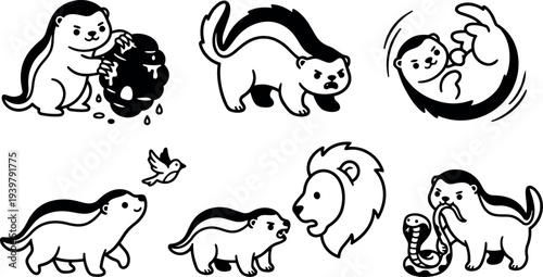 Line art mascot set showing playful weasel characters in poses holding skull coiled rolling snarling walking and interacting with snake